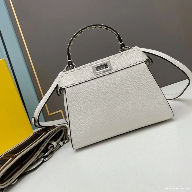 Vintage HOT Iconic Mini Bag Fendi Leather Peekaboo In Stitching White Calf 0809